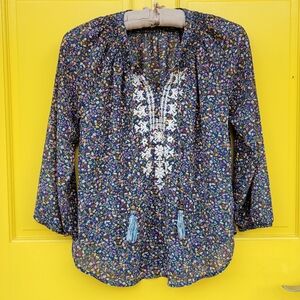 Maison & Belle Embroidered Floral Boho Peasant Blouse Tassel Tie